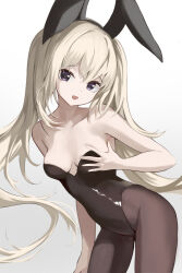Rule 34 | 1girl, :d, absurdres, animal ears, arm at side, bare arms, bare shoulders, black leotard, black pantyhose, blonde hair, breasts, collarbone, commentary, commission, cowboy shot, fake animal ears, floating hair, groin, hair between eyes, hand on own chest, head tilt, highleg, highleg leotard, highres, leaning forward, leotard, long hair, looking at viewer, medium breasts, open mouth, original, pantyhose, playboy bunny, purple eyes, rabbit ears, raised eyebrows, sidelocks, skindentation, smile, strapless, strapless leotard, twintails, very long hair, zeka massi