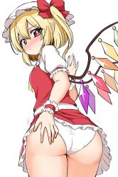 Rule 34 | 1girl, ass, ass focus, blonde hair, blush, flandre scarlet, from behind, hat, highres, looking back, mob cap, panties, pointy ears, puffy short sleeves, puffy sleeves, red eyes, red skirt, red vest, short sleeves, simple background, skirt, solo, suwa yasai, touhou, underwear, vest, white background, white hat, white panties, wings