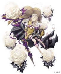 Rule 34 | 1girl, absurdres, barefoot, blonde hair, briar rose (sinoalice), doll, extra arms, closed eyes, flower, frills, full body, habit, hands on own chest, highres, ji no, official art, puffy sleeves, rose, sinoalice, solo, staff, thorns, white background, white flower, white rose