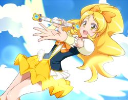 Rule 34 | 10s, 1girl, blonde hair, blue sky, blush, bow, cloud, cloudy sky, cure honey, dutch angle, eyelashes, female focus, foreshortening, hair bow, hand up, happinesscharge precure!, holding, jabara tornado, large bow, long hair, looking at viewer, magical girl, miniskirt, oomori yuuko, open mouth, orange bow, outdoors, outstretched arm, ponytail, precure, puffy short sleeves, puffy sleeves, short sleeves, skirt, sky, solo, sun, wide ponytail, yellow eyes, yellow skirt