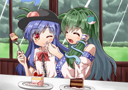 Rule 34 | 2girls, :&lt;, bench, black headwear, blouse, blue hair, blue sky, blush, cake, cake slice, chocolate cake, commentary request, counter, detached sleeves, closed eyes, eyes visible through hair, facing another, food, forest, fork, frog hair ornament, frown, fruit, grass, green hair, hair ornament, hair tubes, hat, hinanawi tenshi, holding, holding fork, indoors, kochiya sanae, leaf, long hair, looking at viewer, multiple girls, napkin, nature, one eye closed, peach, plate, puffy short sleeves, puffy sleeves, red eyes, restaurant, sarashi, shirt, short sleeves, sky, snake hair ornament, strawberry, strawberry shortcake, sugiyama ichirou, touhou, upper body, very long hair, white shirt, window, wiping face