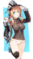 Rule 34 | 10s, 1girl, anchor, anchor hair ornament, black legwear, blonde hair, blue eyes, breasts, check commentary, collar, commentary request, cross, eyebrows, gloves, hair between eyes, hair ornament, hat, highres, impossible clothes, iron cross, kantai collection, long sleeves, looking at viewer, meth (emethmeth), navel, panties, peaked cap, prinz eugen (kancolle), rudder footwear, shiny skin, simple background, smile, solo, twintails, underwear, white gloves, white panties