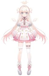 Rule 34 | 1girl, amamori naco, angel, angel wings, blanche fleur, blue eyes, crown, dress, highres, kanda done, looking at viewer, mini crown, simple background, sleeveless, sleeveless dress, solo, thigh strap, two side up, virtual youtuber, white background, wings