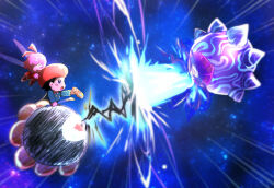 Rule 34 | 2girls, adeleine, battle, beret, black hair, blue eyes, blush, blush stickers, chiimako, closed eyes, collared shirt, commentary request, dark matter, dress, energy, energy beam, eye beam, fairy, fairy wings, green shirt, hair between eyes, hair ribbon, hat, holding, holding paintbrush, holding palette, kirby: star allies, kirby (series), long sleeves, looking at another, multiple girls, nintendo, one-eyed, open mouth, outstretched arm, paintbrush, palette (object), parted bangs, pink hair, red dress, red eyes, red headwear, red ribbon, ribbon, ribbon (kirby), riding, shirt, short hair, space, v-shaped eyebrows, void termina, wings