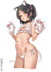 Rule 34 | 1girl, animal ears, animal hands, black hair, blush, bra, breasts, cat cutout, cat ear panties, cat ears, cat lingerie, cleavage cutout, clothing cutout, commentary, cowboy shot, ebifurya, frilled bra, frills, hair ornament, hands up, highres, kantai collection, meme attire, mole, mole under eye, open mouth, panties, paw pose, scirocco (kancolle), short hair, side-tie panties, small breasts, two side up, underwear, white background