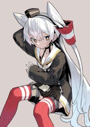 Rule 34 | 1girl, amatsukaze (kancolle), black dress, brown background, brown eyes, collarbone, dress, feet out of frame, grey hair, hair tubes, kantai collection, long hair, long sleeves, monaka ooji, red thighhighs, sailor collar, sailor dress, simple background, solo, thighhighs, two side up, white sailor collar