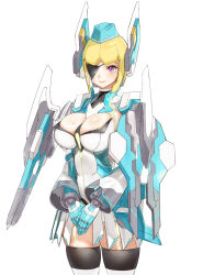 Rule 34 | 1girl, protagonist (pso2), blonde hair, breasts, conto, cyborg, eyepatch, hat, highres, joints, large breasts, mechanical arms, mechanical hair, mini hat, mole, mole on breast, phantasy star, phantasy star online 2, phantasy star online 2 new genesis, purple eyes, robot joints, short hair, smile, solo, thighhighs