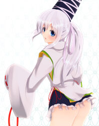 Rule 34 | 1girl, ass, black hat, black skirt, blue eyes, commentary request, frilled skirt, frills, from behind, grey hair, hat, highres, japanese clothes, kariginu, long hair, long sleeves, looking at viewer, mononobe no futo, pinesea, ponytail, ribbon-trimmed sleeves, ribbon trim, simple background, skirt, solo, tate eboshi, touhou, white background, wide sleeves