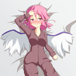 Rule 34 | 1girl, :o, blush, breasts, cato (monocatienus), commentary, curvy, fever, hip focus, large breasts, lying, messy hair, mystia lorelei, pajamas, pink eyes, pink hair, short hair, sick, solo, sweat, touhou, wavy hair, wings