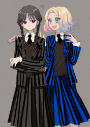 Rule 34 | 2girls, absurdres, addams family, black eyes, black hair, black necktie, blonde hair, blue eyes, braid, collared shirt, enid sinclair, expressionless, fingernails, highres, long sleeves, multicolored hair, multicolored nails, multiple girls, necktie, sharp fingernails, shirt, sweater vest, thing (addams family), twin braids, upper body, wednesday (netflix), wednesday addams, white shirt
