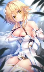 Rule 34 | 1girl, arm guards, blonde hair, blue sky, blurry, blush, breast hold, breasts, brown eyes, chikuwabuta, cleavage, cloud, commentary request, depth of field, detached sleeves, dress, feather hair ornament, feathers, flower, genshin impact, hair between eyes, hair flower, hair ornament, hand under dress, highres, large breasts, leaf, light brown hair, long sleeves, looking at viewer, lumine (genshin impact), no bra, outdoors, scarf, short hair, short hair with long locks, sidelocks, sitting, sky, solo, thighhighs, thighs, wet, wet hair, white scarf, white thighhighs, yellow eyes, zettai ryouiki