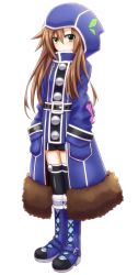 Rule 34 | 10s, 1girl, alternate costume, belt, blush, boots, brown hair, cross-laced footwear, green eyes, hair between eyes, hands in pockets, hood, hood up, hooded jacket, if (neptunia), jacket, lace-up boots, long hair, looking at viewer, mizunashi (second run), neptune (series), simple background, solo, thighhighs, white background, zettai ryouiki