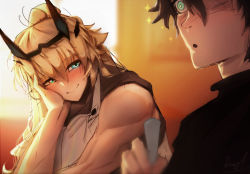 Rule 34 | 1boy, 1girl, apron, backlighting, biceps, black hair, black shirt, blonde hair, blue eyes, blush, breasts, brown shirt, barghest (fate), fate/grand order, fate (series), fujimaru ritsuka (male), green eyes, hair between eyes, highres, horns, large breasts, long hair, muscular, muscular female, obazzotto, open mouth, ponytail, shirt, short hair, sleeveless, sleeveless shirt, smile, sparkle, toned, white apron