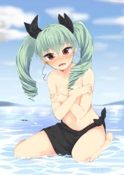 Rule 34 | 10s, 1girl, :o, anchovy (girls und panzer), aqua hair, artist name, bare legs, barefoot, black ribbon, black skirt, blue sky, blush, breasts, brown eyes, cleavage, cloud, collarbone, covering privates, covering breasts, day, drill hair, full body, girls und panzer, head tilt, highres, horizon, legs, long hair, looking at viewer, midriff, navel, nigo (aozoragarou), nose blush, ocean, open mouth, outdoors, ribbon, self hug, side slit, sitting, skirt, sky, small breasts, solo, stomach, teardrop, tears, teeth, thighs, tied skirt, twin drills, twintails, wariza, water