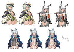 Rule 34 | 3girls, animal ears, animal hat, arknights, black coat, black gloves, blunt bangs, breast curtains, breasts, cat hat, cleavage, cleft of venus, closed mouth, coat, contrapposto, covered navel, cropped legs, elbow gloves, epaulettes, fingerless gloves, frostnova (arknights), gloves, gluteal fold, green eyes, green leotard, grey eyes, grey hair, grey leotard, hat, heart, heart-shaped pupils, highres, hood, hood down, kal&#039;tsit (arknights), lactation, large breasts, leotard, looking at another, looking at viewer, multiple girls, multiple views, nipple piercing, nipples, one breast out, open clothes, open coat, peaked cap, piercing, ponytail, pregnant, pussy, rabbit ears, riding crop, rosmontis (arknights), see-through, short hair, signature, simple background, sleeves past wrists, small breasts, smile, stmast, symbol-shaped pupils, uncensored, white background, white headwear