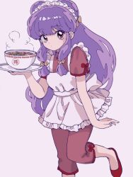 Rule 34 | 1girl, bow, chinese clothes, food, hair bow, highres, noodles, purple hair, ramen, ranma 1/2, red bow, red eyes, red footwear, s5fz9, shampoo (ranma 1/2), simple background, solo, waitress, white background, yellow bow
