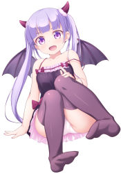 Rule 34 | 10s, 1girl, :d, arm support, blush, breasts, demon girl, demon horns, demon tail, demon wings, fang, feet, hand on own thigh, highres, horns, long hair, looking at viewer, new game!, no shoes, nullken, open mouth, panties, pantyshot, purple eyes, purple hair, simple background, small breasts, smile, solo, strap slip, suzukaze aoba, tail, thighhighs, twintails, underwear, white background, wings
