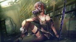 Rule 34 | 1girl, abandoned, black hair, black thighhighs, gas mask, heaven burns red, highres, indoors, mask, mikoto fubuki, mouth mask, multicolored hair, non-web source, official art, pleated skirt, red eyes, red hair, skirt, solo, streaked hair, surgical mask, sword, thigh strap, thighhighs, weapon