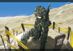 Rule 34 | 1girl, assault rifle, blurry, boots, camouflage, caution tape, combat boots, depth of field, desert, fatigues, gun, helmet, kazuki ren, keep out, letterboxed, military, military uniform, original, rifle, shadow, sitting, soldier, solo, uniform, weapon