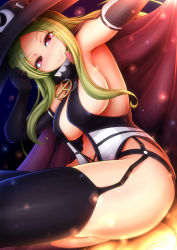 Rule 34 | 10s, 1girl, black gloves, black thighhighs, blonde hair, blush, breasts, cape, covered erect nipples, curvy, elbow gloves, female focus, garter straps, gloves, halloween, hat, highres, large breasts, long hair, looking at viewer, mole, mole under mouth, pink eyes, ponponmaru, senran kagura, shiki (senran kagura), sideboob, sitting, smile, solo, thick thighs, thighhighs, thighs, wide hips, witch hat