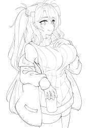 Rule 34 | 1girl, :q, absurdres, azur lane, bare shoulders, breasts, can, closed mouth, commentary request, greyscale, hand up, headgear, highres, holding, holding can, jacket, large breasts, long hair, long sleeves, looking at viewer, monochrome, moyoron, off shoulder, open clothes, open jacket, prinz eugen (azur lane), simple background, sleeveless, sleeveless sweater, sleeveless turtleneck, sleeves past wrists, smile, solo, sweater, thighhighs, tongue, tongue out, turtleneck, turtleneck sweater, two side up, unfinished, very long hair, white background