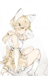 Rule 34 | 10s, 1girl, animal ears, blonde hair, boots, bow, bowtie, cat ears, cat tail, closed mouth, elbow gloves, from behind, frown, gloves, green eyes, high-waist skirt, highres, hiranko, kemono friends, looking to the side, sand cat (kemono friends), shirt, short hair, simple background, sitting, skirt, sleeveless, sleeveless shirt, solo, tail, wariza, white background, white footwear, white gloves, white shirt