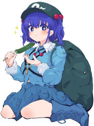Rule 34 | 1girl, absurdres, backpack, bag, blue eyes, blue footwear, blue hair, blue shirt, blue skirt, boots, cross-laced footwear, cucumber, flat cap, food, green hat, hair bobbles, hair ornament, hat, highres, holding, kawashiro nitori, key, lace-up boots, mugi (mugimugi 9kv), shirt, short hair, short twintails, simple background, skirt, solo, touhou, twintails, vegetable, white background