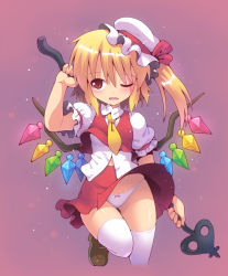 Rule 34 | 1girl, ;d, blonde hair, blush, bow, bow panties, clothes lift, collared shirt, cropped legs, fang, flandre scarlet, gradient background, hat, kurogarasu, laevatein, mob cap, necktie, one eye closed, open mouth, panties, red eyes, shirt, shoes, short hair, skirt, skirt lift, slit pupils, smile, solo, thighhighs, touhou, underwear, vest, white panties, white thighhighs, wind, wind lift, wings