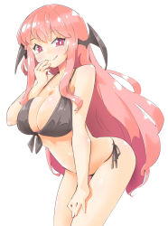 Rule 34 | 1girl, arnest, bikini, black bikini, blush, breasts, bright pupils, cleavage, closed mouth, commentary, cowboy shot, demon girl, demon wings, front-tie bikini top, front-tie top, hand on own thigh, hand to own mouth, head wings, highres, koakuma, large breasts, leaning forward, long hair, looking at viewer, pink hair, red eyes, side-tie bikini bottom, simple background, smile, solo, standing, swimsuit, touhou, very long hair, white background, white pupils, wings