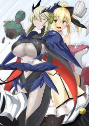 Rule 34 | 2girls, artoria pendragon (fate), artoria pendragon (lancer alter) (fate), blonde hair, breasts, cleavage, closed eyes, fate/grand order, fate/unlimited codes, fate (series), green eyes, highres, huge breasts, multiple girls, saber (fate), saber lily, underboob