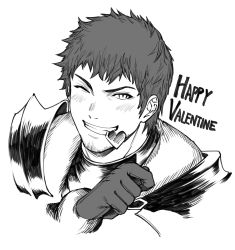 Rule 34 | armor, biting, candy, chocolate, chocolate heart, commentary, facial hair, final fantasy, final fantasy xiv, food, gloves, greyscale, happy valentine, heart, highres, in mouth, looking at viewer, male focus, medium hair, monochrome, one eye closed, original, pauldrons, shoulder armor, sketch, smile, solo, stubble, valentine, zanki