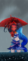 Rule 34 | 1girl, blue eyes, blue hair, blue skirt, blush, cloud, cloudy sky, commentary request, cure mermaid, detached sleeves, earrings, eyelashes, go! princess precure, hair ornament, highres, holding, holding umbrella, jewelry, kaidou minami, long hair, looking at viewer, magical girl, midriff, multicolored hair, navel, pleated skirt, precure, purple hair, rain, red umbrella, rikito1087, shell, skirt, sky, solo, standing, streaked hair, two-tone hair, umbrella, very long hair