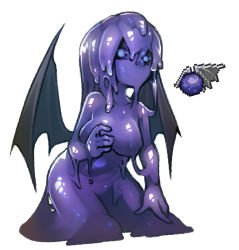 Rule 34 | 1girl, breasts, cleavage, colored skin, commentary, english commentary, large breasts, long hair, looking at viewer, monster girl, nyong nyong, personification, purple skin, reference inset, simple background, slime (creature), slime girl, slimer (terraria), solo, terraria, white background, wings