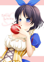 Rule 34 | 1girl, apple, arin, black hair, blue eyes, blush, breasts, choker, cleavage, cosplay, disney, food, fruit, grimm&#039;s fairy tales, hair ribbon, holding, holding food, holding fruit, itsuki (spitbreak), pangya, puff and slash sleeves, puffy sleeves, ribbon, short hair, snow white, snow white (cosplay), snow white (disney), snow white and the seven dwarfs, solo
