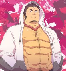 Rule 34 | 1boy, bara, bare pectorals, beard, brown hair, chest hair, cross scar, facial hair, hood, houzouin oniwaka, large pectorals, long sideburns, looking at viewer, male focus, manly, muscular, nipples, pectorals, scar, scar on face, scar on forehead, sideburns, simple background, solo, stubble, tokyo houkago summoners, upper body, yanutorie