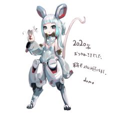 Rule 34 | 2020, animal, animal ears, animal on hand, banana (domo), blue eyes, blunt bangs, blush, chinese zodiac, digitigrade, english text, long hair, mecha musume, mouse (animal), mouse girl, mouse tail, nengajou, new year, open mouth, original, simple background, sleeves past fingers, sleeves past wrists, tail, white background, white hair, year of the rat