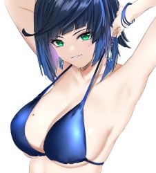 Rule 34 | 1girl, arms up, bikini, blue bikini, blue hair, breasts, earrings, genshin impact, green eyes, highres, jewelry, looking at viewer, mitsugu, mole, mole on breast, open mouth, short hair, simple background, smile, solo, swimsuit, upper body, white background, yelan (genshin impact)