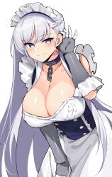 Rule 34 | 1girl, apron, azur lane, belfast (azur lane), blue eyes, blush, braid, breasts, chain, cleavage, collar, collarbone, dress, french braid, frills, gloves, tucking hair, highres, large breasts, leaning forward, long hair, looking at viewer, maid, maid headdress, ndgd, silver hair, simple background, smile, solo, white background, white gloves