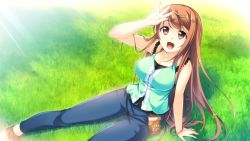 Rule 34 | 1girl, breasts, brown eyes, brown hair, collarbone, game cg, grass, happy, highres, kono oozora ni tsubasa wo hirogete, large breasts, legs, long hair, looking up, open mouth, sitting, smile, solo, sunlight, thighs, yashima takahiro