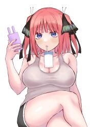 Rule 34 | 1girl, black ribbon, black shorts, blue eyes, breasts, butterfly hair ornament, cellphone, cleavage, collarbone, crossed legs, domoto family, drinking straw, drinking straw in mouth, go-toubun no hanayome, hair ornament, hair ribbon, highres, large breasts, medium hair, milk, milk carton, nail polish, nakano nino, object on breast, phone, pink shirt, ribbon, shirt, shorts, simple background, sleeveless, sleeveless shirt, thighs, twintails, two side up, white background