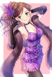 Rule 34 | 1girl, arm behind head, arms up, bare shoulders, black choker, black gloves, black ribbon, border, bow, breasts, brown hair, choker, cleavage, closed mouth, collarbone, cowboy shot, dot nose, dress, earrings, elbow gloves, etou misaki (idolmaster), feather hair ornament, feathers, fishnet pantyhose, fishnets, from side, fur-trimmed gloves, fur scarf, fur trim, glint, gloves, green eyes, hair bow, hair ornament, hair ribbon, highres, idolmaster, idolmaster cinderella girls, idolmaster cinderella girls starlight stage, jewelry, long hair, looking at another, medium breasts, outside border, pantyhose, pink background, purple dress, purple feathers, ribbon, signature, simple background, sleeveless, sleeveless dress, smile, solo, standing, tokaimako, white border