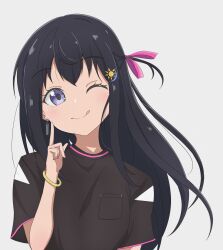 Rule 34 | 1girl, :q, absurdres, black hair, blush, bracelet, breast pocket, brown shirt, closed mouth, earrings, finger to cheek, hair between eyes, hair ribbon, hand up, head tilt, highres, idoly pride, index finger raised, jewelry, kon wel72, long bangs, looking at viewer, nagase mana, one eye closed, one side up, pink ribbon, pocket, purple eyes, raised eyebrows, ribbon, shirt, short sleeves, sidelocks, simple background, smile, solo, straight-on, tongue, tongue out, upper body, white background