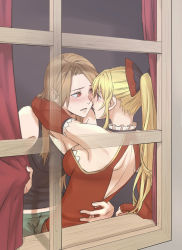 Rule 34 | 2girls, arm around back, arm around neck, blonde hair, blush, breasts, brown hair, cleavage, commentary request, earrings, eye contact, from outside, granblue fantasy, highres, indoors, jewelry, katalina (granblue fantasy), large breasts, looking at another, lower teeth only, midriff peek, miso-ha (ukyuu), multiple girls, parted lips, ponytail, red eyes, teeth, vira (granblue fantasy), window, windowsill, yuri