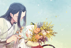 Rule 34 | 2boys, animal ears, black hair, cat boy, cat ears, cat tail, closed eyes, fang, flower, highres, kashimashao, long hair, luo xiaohei, luo xiaohei (human), luo xiaohei zhanji, multiple boys, open mouth, pink flower, plant, short hair, smile, tail, upper body, white hair, wuxian (the legend of luoxiaohei)