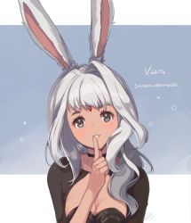 Rule 34 | 1girl, animal ears, blue eyes, breasts, choker, cleavage cutout, clothing cutout, dark-skinned female, dark skin, final fantasy, final fantasy xiv, finger to mouth, forehead jewel, long hair, medium breasts, peachy michi, rabbit ears, signature, silver hair, simple background, solo, two-tone background, viera, warrior of light (ff14)