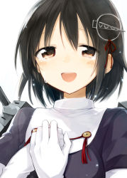 Rule 34 | 10s, 1girl, bad id, bad pixiv id, black hair, blush, breasts, brown eyes, elbow gloves, gloves, haguro (kancolle), hair ornament, hands on own chest, happy tears, kantai collection, open mouth, personification, rin (royal), short hair, smile, solo, tears, white gloves