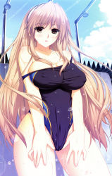 Rule 34 | 1girl, absurdres, adjusting clothes, adjusting swimsuit, bare shoulders, blush, breasts, brown eyes, brown hair, cleavage, competition swimsuit, covered erect nipples, hairband, highres, iizuki tasuku, impossible clothes, impossible swimsuit, large breasts, long hair, looking at viewer, lovely x cation, one-piece swimsuit, parted lips, scan, solo, strap slip, swimsuit, taut clothes, taut swimsuit, tsukioka misasa, very long hair, wet