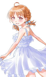 Rule 34 | 1girl, alternate hairstyle, antenna hair, artist name, artist request, bare shoulders, blush, bow, braid, breasts, cleavage, collarbone, dress, female focus, frill trim, frills, hair bow, halter dress, halterneck, highres, holding, holding clothes, holding skirt, jewelry, looking at viewer, looking back, love live!, love live! school idol festival, love live! school idol festival all stars, love live! sunshine!!, medium breasts, necklace, neruneruko122, off-shoulder dress, off shoulder, orange hair, parted lips, red eyes, short hair, skirt, sleeveless, sleeveless dress, smile, solo, star (symbol), star necklace, takami chika, twintails, white background, white bow, white dress
