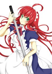 Rule 34 | 1girl, ahoge, apron, blue dress, bow, breasts, broom, collared dress, dress, fingernails, frilled apron, frills, highres, holding, holding broom, long hair, maid, maid apron, maid headdress, puffy short sleeves, puffy sleeves, red eyes, red hair, red ribbon, ribbon, seihou, short sleeves, simple background, small breasts, smallsand, very long hair, vivit, white apron, white background, white bow