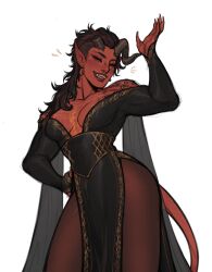 Rule 34 | 1girl, arm up, baldur&#039;s gate, baldur&#039;s gate 3, black dress, black hair, breasts, broken horn, brown pantyhose, cleavage, closed eyes, colored skin, demon tail, dress, dungeons &amp; dragons, earrings, fangs, hand on own hip, highres, horns, jewelry, karlach, long hair, medium breasts, milkcubusss, multicolored hair, nose piercing, nose ring, open mouth, pantyhose, piercing, pointy ears, red skin, smile, solo, streaked hair, tail, white background